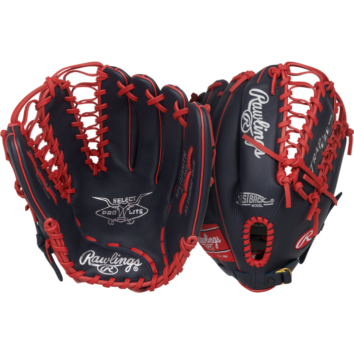 Two Rawlings Select Pro Lite 12.25" Mike Trout youth baseball gloves are shown—navy blue with red laces and white logos, one palm side up and the other back side up—modeled after the popular Mike Trout glove.