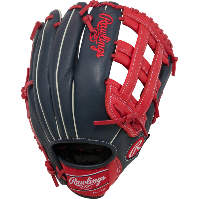 A Rawlings Select Pro Lite 12.25″ Mike Trout baseball glove in navy blue and red, featuring white stitching and the Rawlings logo on the wrist strap and thumb—designed as a professional-quality utility glove for versatile players.