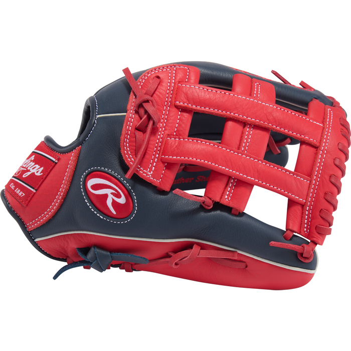 The Rawlings Select Pro Lite 12.25″ Mike Trout Baseball Glove (SPL1225MTNS) features an eye-catching red and navy blue design, accented with red laces and an embroidered Rawlings logo on the side. Inspired by Mike Trout’s signature youth glove, this utility glove delivers both style and performance for young players on the field.