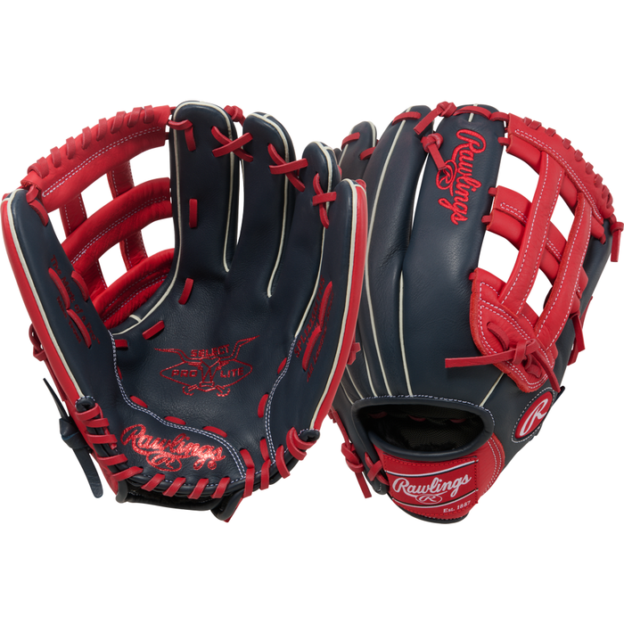 Two Rawlings Select Pro Lite 12.25″ Mike Trout Baseball Gloves (model SPL1225MTNS) in navy blue and red with white stitching are shown—one palm up and the other palm down—highlighting brand logos and lacing. This youth utility glove is inspired by Mike Trout’s signature design.