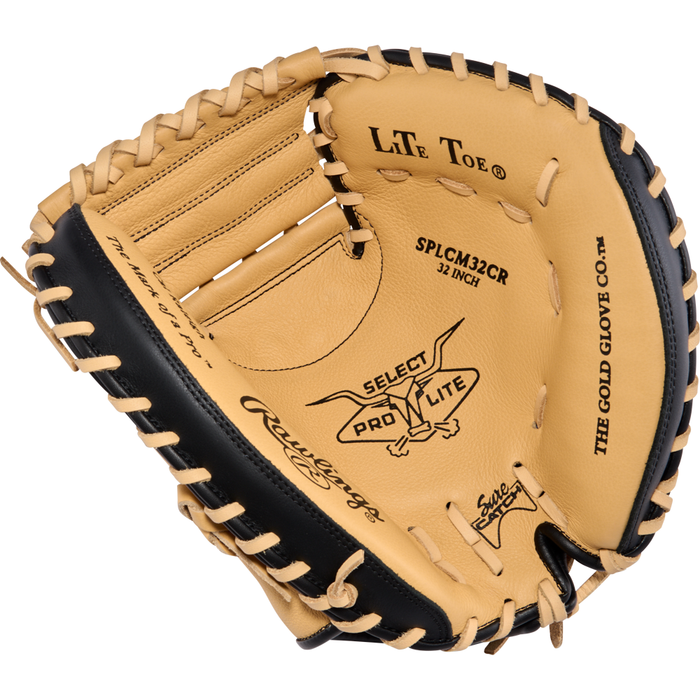 Here’s a rewritten sentence using the provided product data: The Rawlings Select Pro Lite 32″ Cal Raleigh Baseball Catcher’s Mitt (model SPLCM32CR) showcases premium tan and black leather with intricate stitching, official branding, and The Gold Glove Co. insignia inside—designed for youth catchers seeking professional quality.