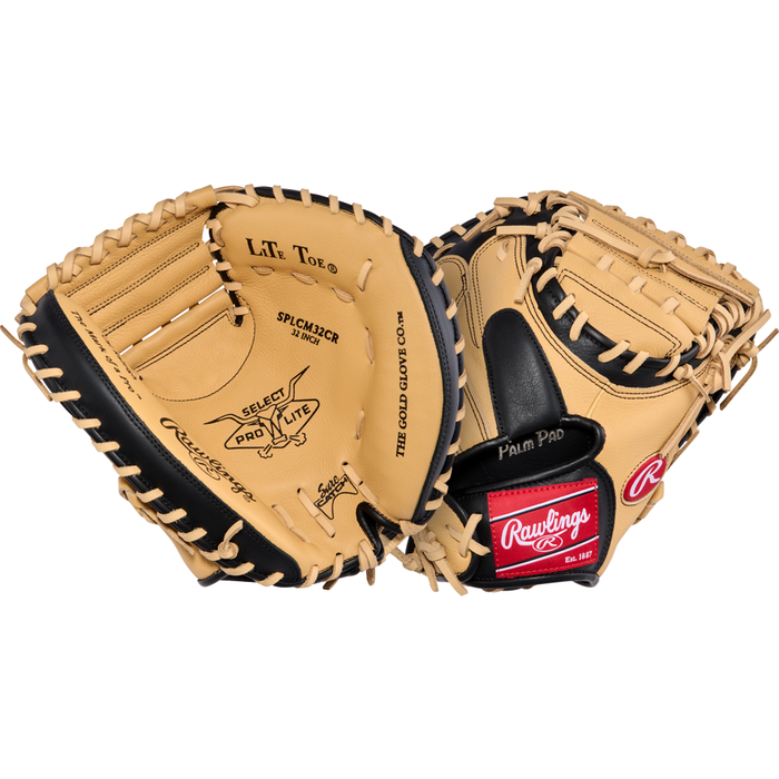 Two beige and black Rawlings Select Pro Lite 32″ Cal Raleigh Baseball Catcher’s Mitts (model SPLCM32CR) are displayed to highlight both the inside and outside of the gloves, featuring prominent Rawlings logos, lacing, and branding details. Ideal as youth catcher’s mitts or 32-inch baseball gloves for young players.