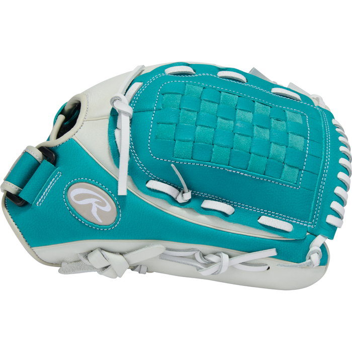 The Rawlings Shut Out 12.5" Fastpitch Glove (RSO125W) is shown closed on a white background, featuring teal and white colors, a woven pocket, white laces, and the Rawlings logo on the side.
