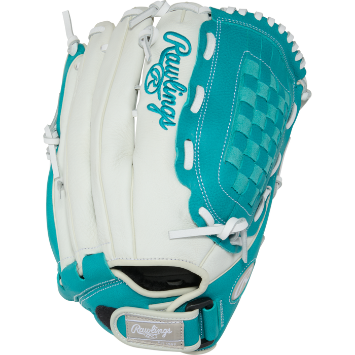 The Rawlings Shut Out 13" Fastpitch Glove (RSO130W) features a teal and white design with white laces, teal stitching, basket web, and the embroidered Rawlings logo on the back.