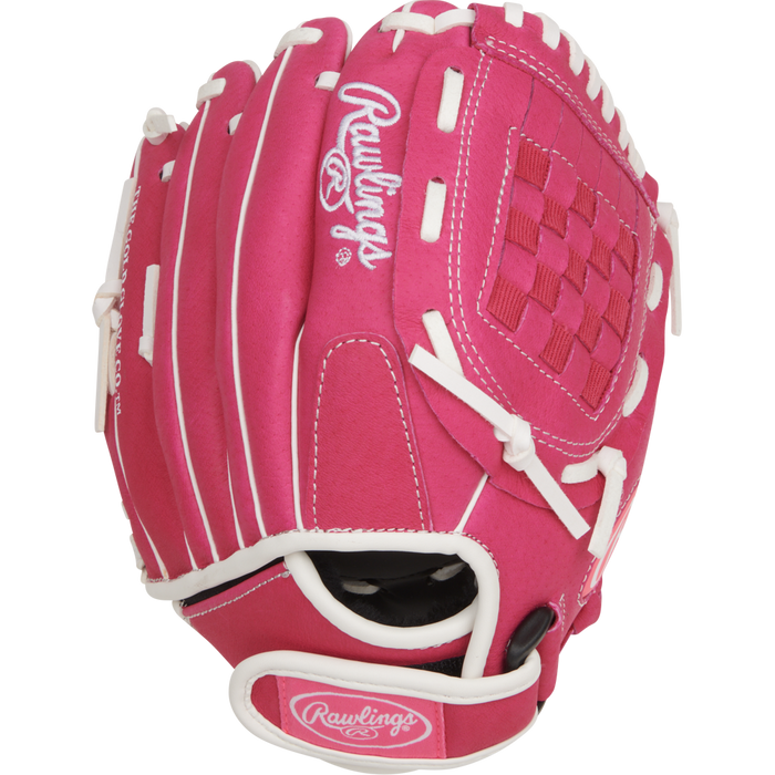 The Rawlings Sure Catch 10" Fastpitch Glove (SCSB100PW) is a pink youth glove with white laces and stitching, a woven web design, and the Rawlings logo on the back—ideal for beginners.