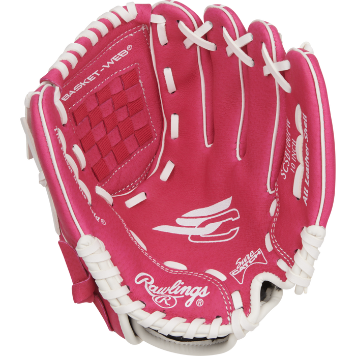 The Rawlings Sure Catch 10" Fastpitch Glove (SCSB100PW) is a pink and white youth softball glove with white laces, printed branding in the palm, and a basket-web design, displayed open and facing upward.