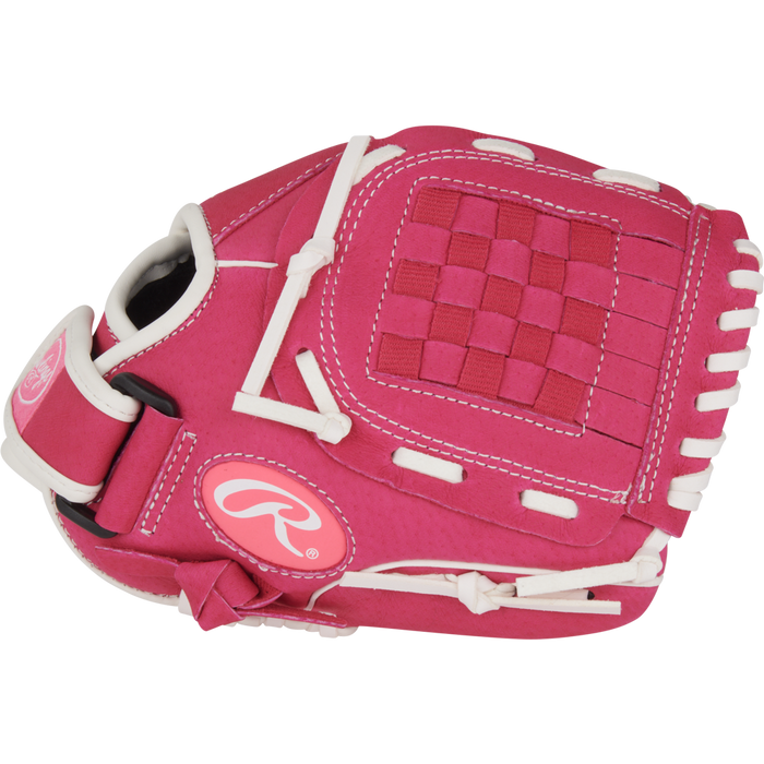 The Rawlings Sure Catch 10" Fastpitch Glove (SCSB100PW) is a pink youth glove with white stitching and lacing, a woven pocket pattern, and the Rawlings logo on the wrist strap—ideal for beginner softball players.
