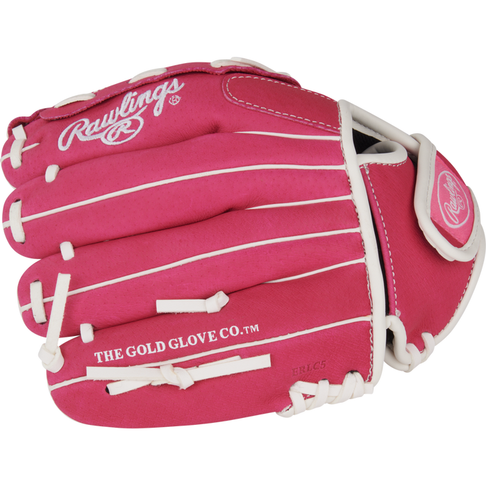 The Rawlings Sure Catch 10" Fastpitch Glove (SCSB100PW) is a pink youth glove with white laces, THE GOLD GLOVE CO. stamped on the side, and the Rawlings logo on the wrist strap—perfect for beginner softball players.