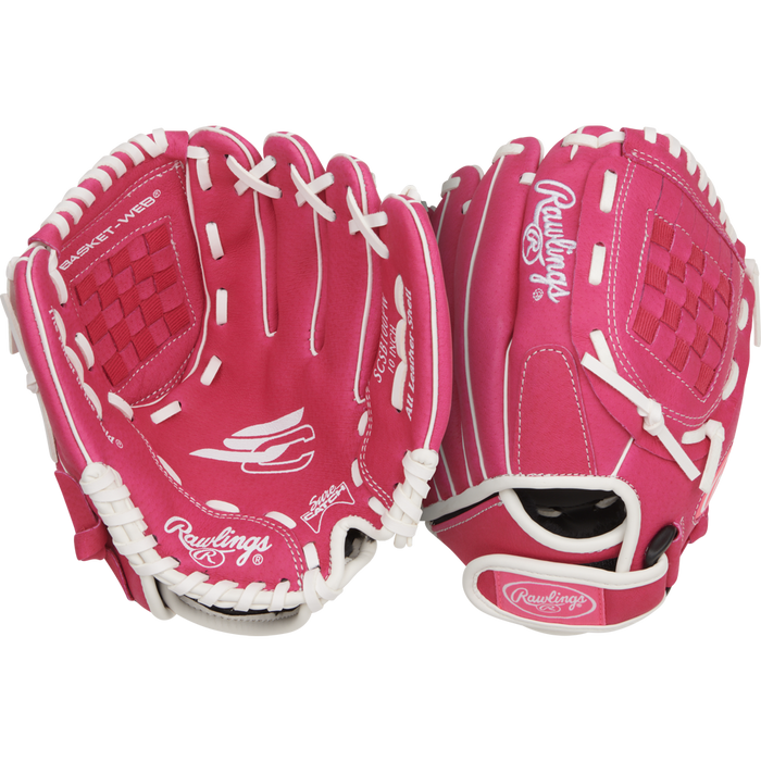 Two Rawlings Sure Catch 10" Fastpitch Gloves (SCSB100PW) in bright pink with white lacing, shown front and back with basket-web design, are ideal beginner youth softball gloves, displayed on a plain white background.