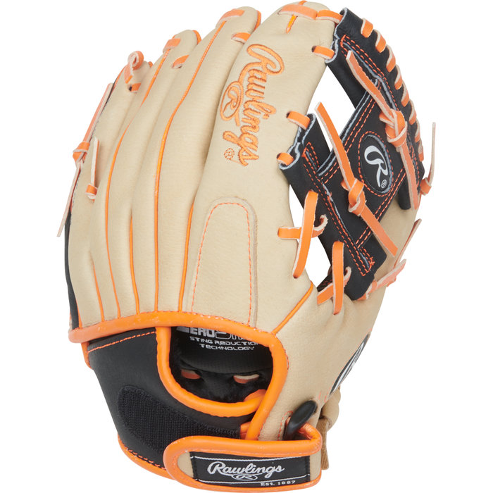 A tan and black Rawlings Sure Catch 10″ Jackson Holliday Youth Baseball Glove (model SC100JH), featuring orange laces and the iconic brand logo on the wrist strap and back of the hand—just like those used by rising star Jackson Holliday.