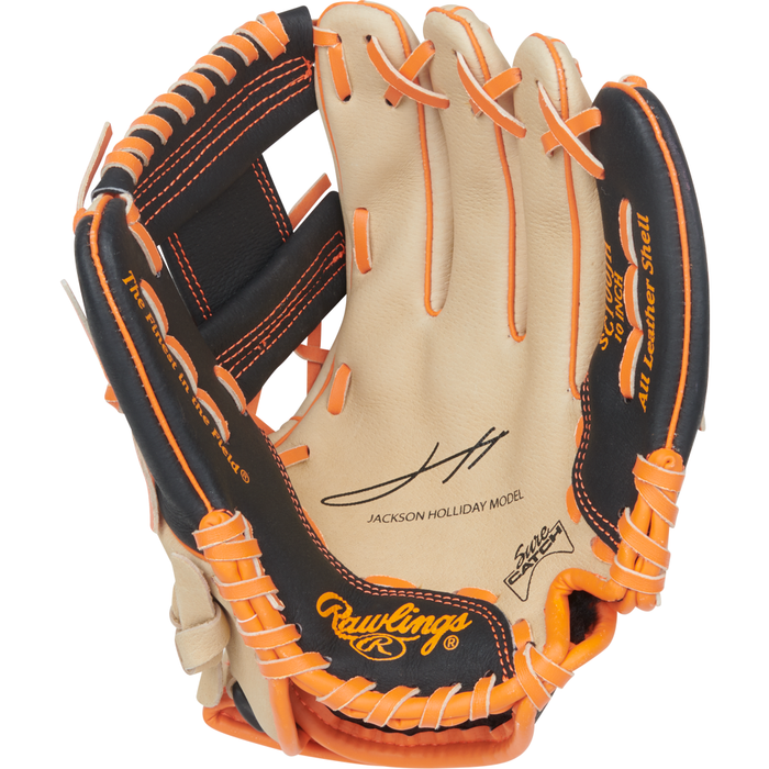 A Rawlings Sure Catch 10″ Jackson Holliday Youth Baseball Glove (model SC100JH) featuring orange, black, and cream leather with “Jackson Holliday Model” text and a signature printed on the palm.