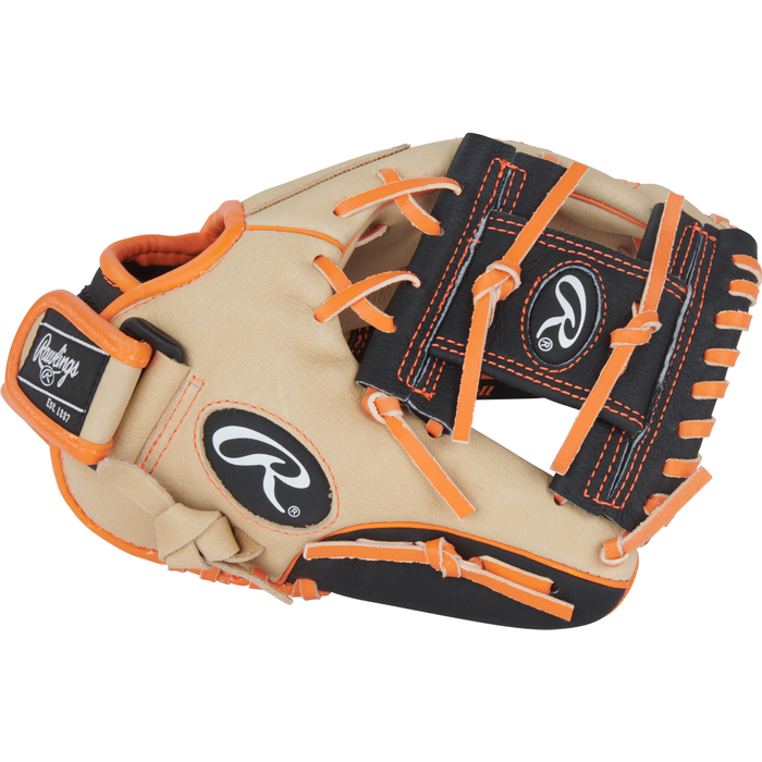 A tan and black Rawlings Sure Catch 10″ Jackson Holliday Youth Baseball Glove (model SC100JH) with orange laces, featuring the Rawlings logo on the wrist strap and webbing—modeled after Jackson Holliday’s professional style.