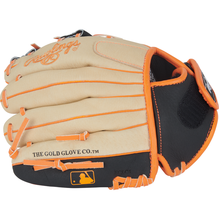 The Rawlings Sure Catch 10″ Jackson Holliday Youth Baseball Glove (SC100JH) by Rawlings features tan and black leather, orange laces, the MLB logo on the wrist, and “THE GOLD GLOVE CO.” text.