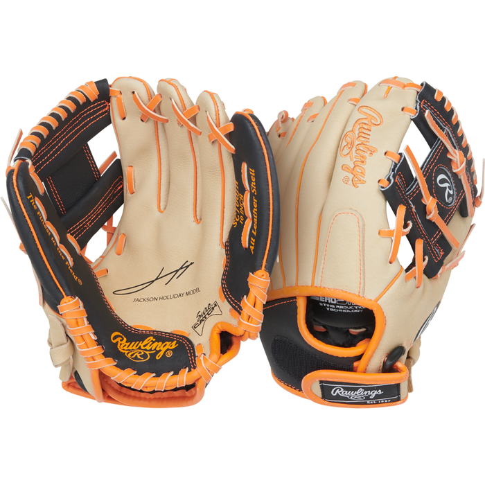 Two tan and black Rawlings Sure Catch 10″ Jackson Holliday Youth Baseball Gloves (model SC100JH) are shown. One youth glove features Jackson Holliday’s autograph and branding, while the other displays the palm and wrist strap details.