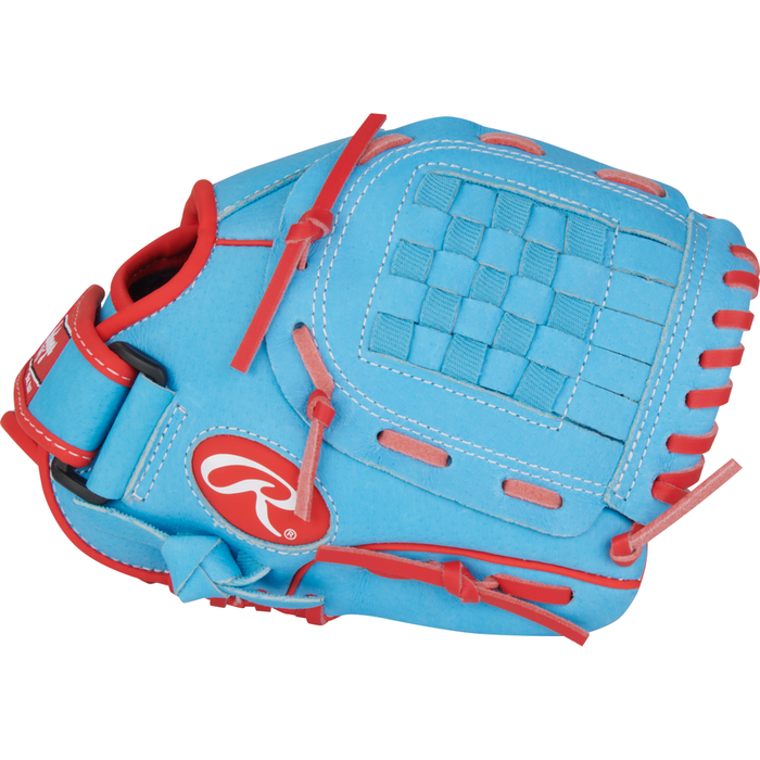 A vibrant blue Rawlings Sure Catch 10″ Jacob deGrom Youth Baseball Glove (SC100JDCB) with red laces and white stitching, featuring a woven basket web pattern and the Rawlings logo on the side—modeled after Jacob deGrom’s signature glove.