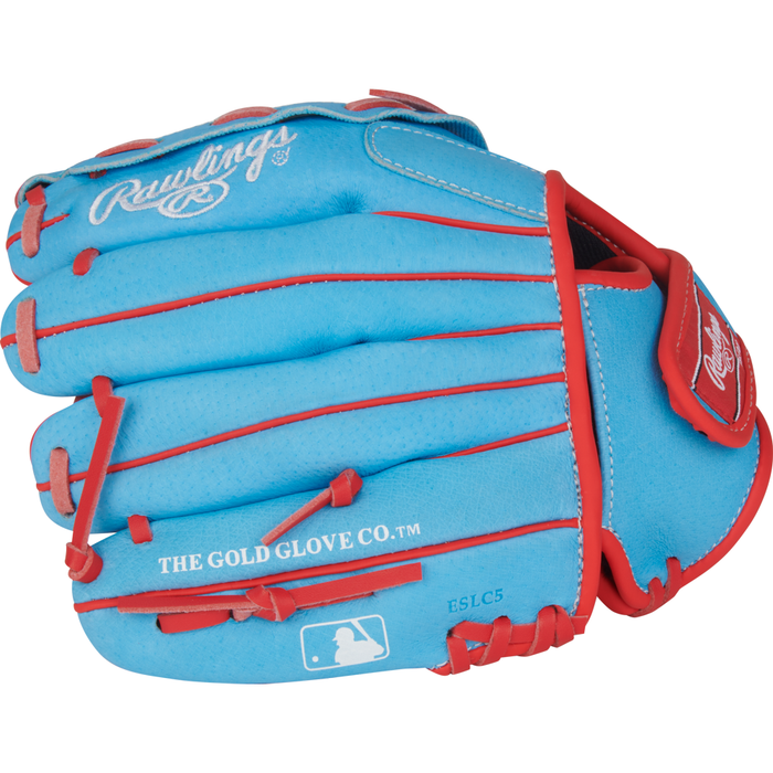 A Rawlings Sure Catch 10″ Jacob deGrom Youth Baseball Glove (SC100JDCB) in light blue, featuring red laces and white text—including “THE GOLD GLOVE CO.” and the MLB logo on the palm—and inspired by Jacob deGrom.