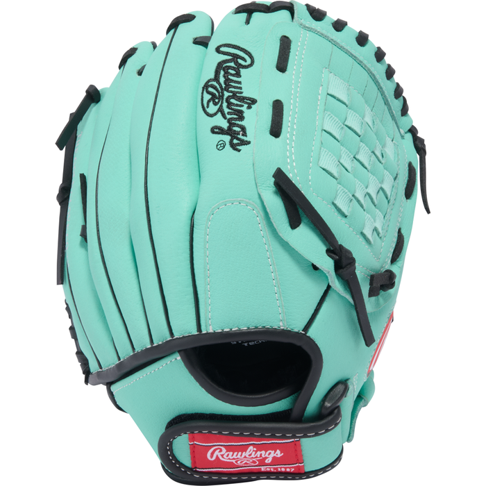 The Rawlings Sure Catch 10.5″ Carlos Correa Youth Baseball Glove (SC105CCM) features a striking turquoise design with black laces and a red Rawlings patch on the wrist strap. Perfect for young players seeking both performance and style, this glove is inspired by professional designs like the Carlos Correa infield glove and stands out beautifully against a clean white background.