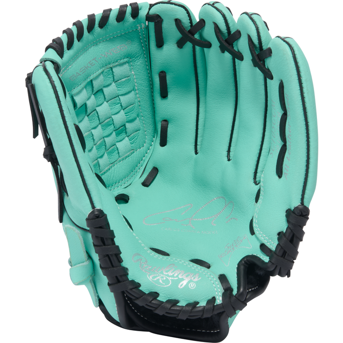 A teal Rawlings Sure Catch 10.5″ Carlos Correa Youth Baseball Glove (SC105CCM), featuring black laces, is shown open to reveal the inner pocket and basket web pattern, displayed against a white background.
