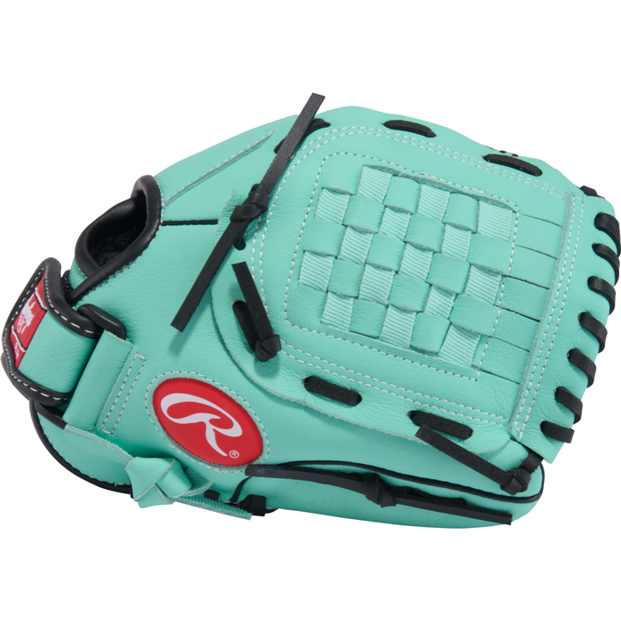 A Rawlings Sure Catch 10.5″ Carlos Correa Youth Baseball Glove (SC105CCM) in teal, featuring black stitching, a woven basket web pattern, and a red Rawlings logo patch on the side.