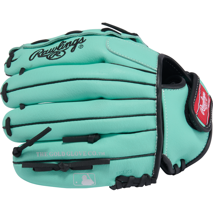 A teal Rawlings Sure Catch 10.5″ Carlos Correa Youth Baseball Glove (SC105CCM) with black laces and a red Rawlings patch, shown closed with “THE GOLD GLOVE CO.” and the MLB logo stamped on the palm. This 10.5-inch glove from Rawlings is perfect for young players seeking professional style and quality on the field.