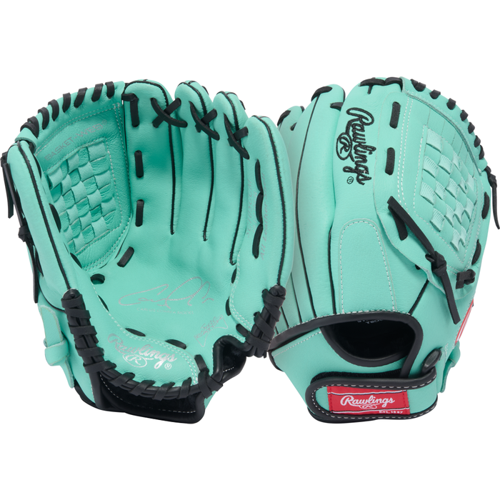 Two teal Rawlings Sure Catch 10.5″ Carlos Correa youth baseball gloves with black lacing and red Rawlings logos are displayed, one showcasing the palm side and the other the back. Each glove is crafted in a 10.5-inch style for excellent control and comfort on the field, making them perfect for young players.