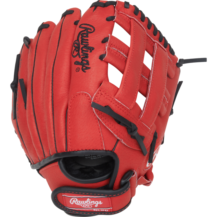A Rawlings Sure Catch 10.5″ Corbin Carroll Youth Baseball Glove (model SC105CCC) in red, featuring black laces and prominent Rawlings branding on the wrist strap. The glove is displayed from the top, showcasing its webbing and stitching details in the signature Corbin Carroll style.