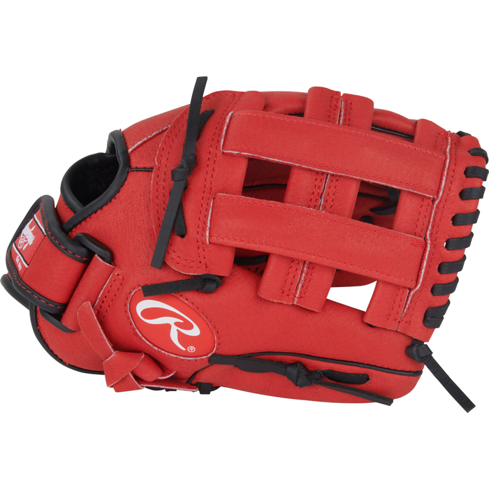 A Rawlings Sure Catch 10.5″ Corbin Carroll Youth Baseball Glove (SC105CCC) in red with black laces, pictured from the side to highlight the open web design and prominent Rawlings logo—an ideal youth baseball glove inspired by Corbin Carroll.