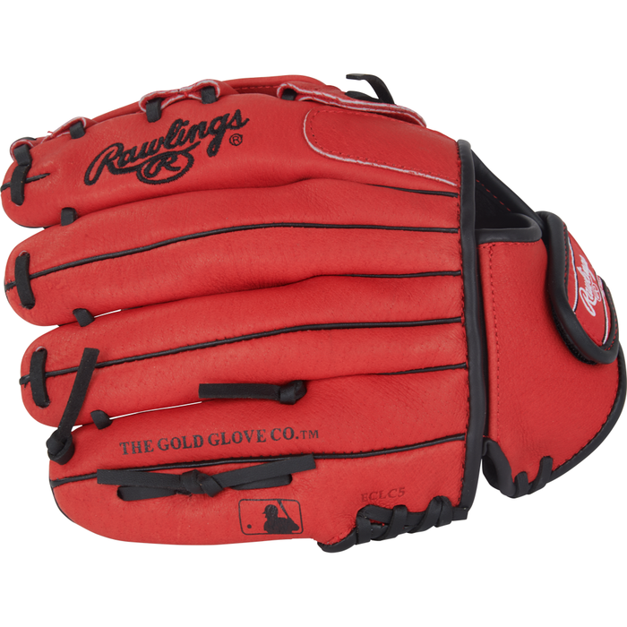 Introducing the Rawlings Sure Catch 10.5″ Corbin Carroll Youth Baseball Glove (SC105CCC)—a vibrant red glove with bold black trim and stitching, highlighted by THE GOLD GLOVE CO. text and an MLB logo on the palm area. Crafted by Rawlings, this youth baseball glove is ideal for young players seeking the same high-quality design as Corbin Carroll’s glove.