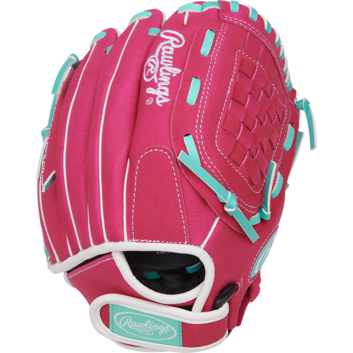 The Rawlings Sure Catch 10.5" Fastpitch Glove (SCSB105PM) is a pink youth glove with teal and white accents, white stitching, teal laces, and the Rawlings logo on the wrist strap and back.