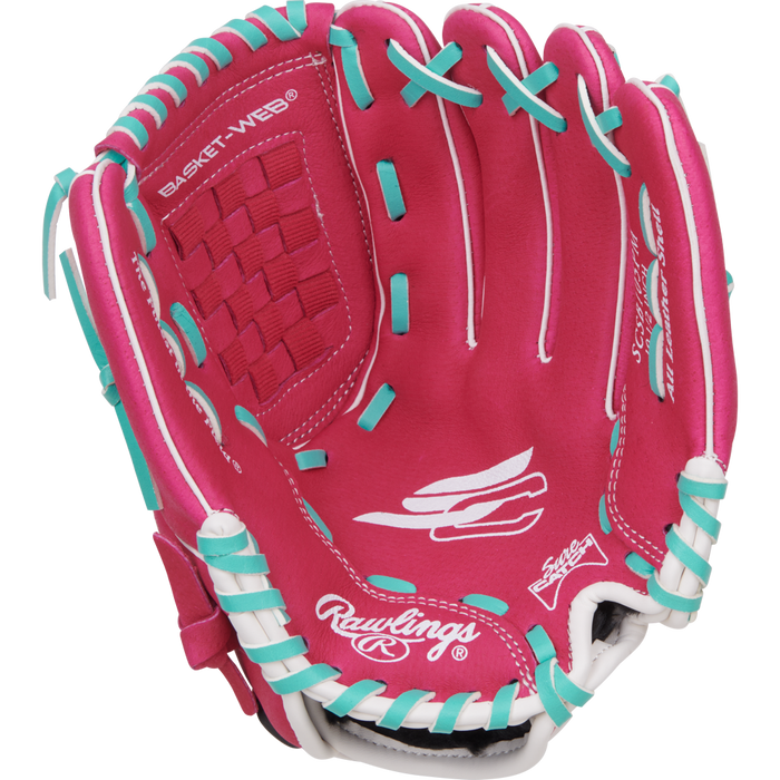 The Rawlings Sure Catch 10.5" Fastpitch Glove (SCSB105PM) is a pink youth glove with teal and white laces, a basket-web pattern, and multiple logos on the palm and thumb.