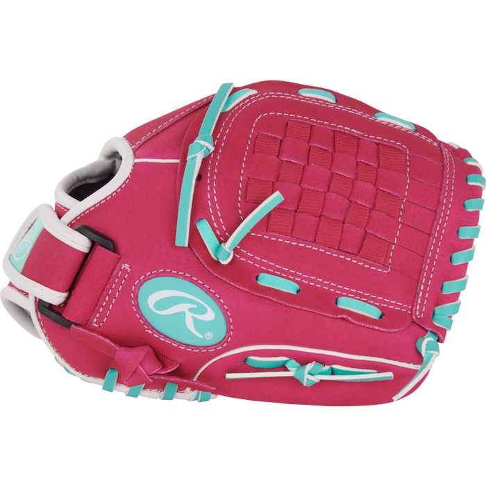The Rawlings Sure Catch 10.5" Fastpitch Glove (SCSB105PM) features a bright pink design with teal laces, white stitching, and woven webbing on the pocket, shown against a plain white background.