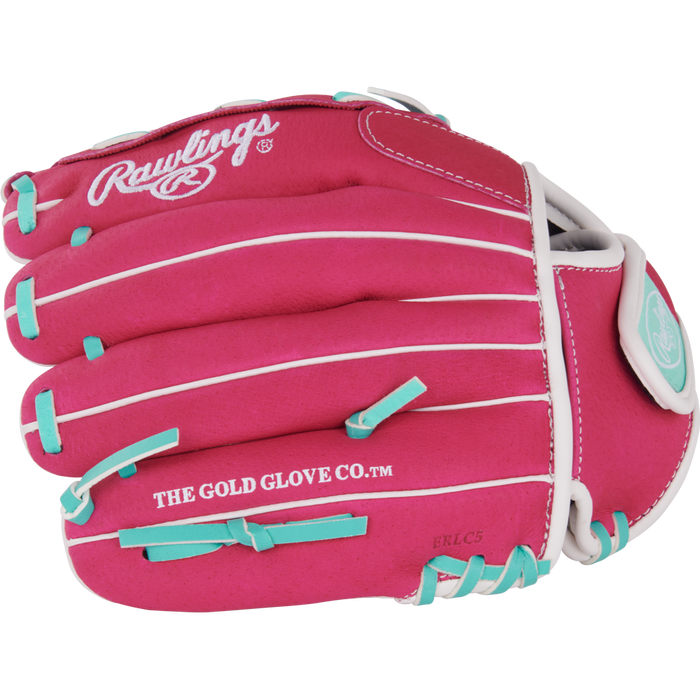 The Rawlings Sure Catch 10.5" Fastpitch Glove (SCSB105PM) is a pink youth softball glove with white laces, teal accents, and THE GOLD GLOVE CO.™ on the side—perfect for young fastpitch players.