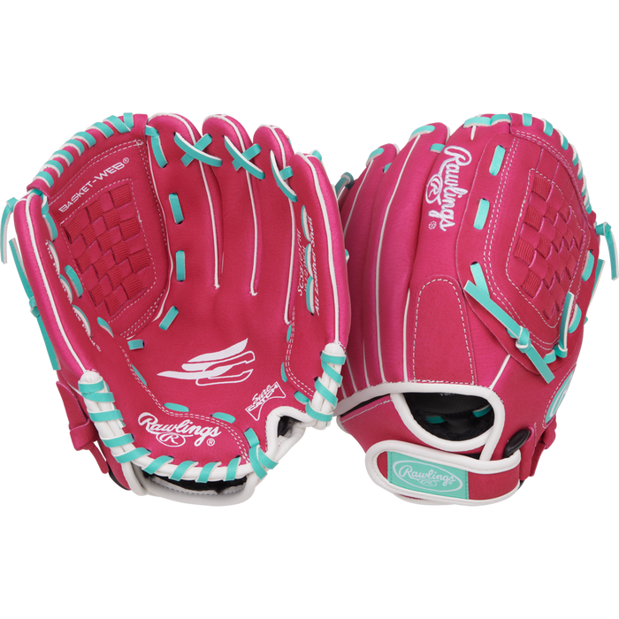 Two pink Rawlings Sure Catch 10.5" Fastpitch Gloves (SCSB105PM) with teal and white laces are shown against a white background, displaying both palm and back sides, brand logos, and detailed stitching.