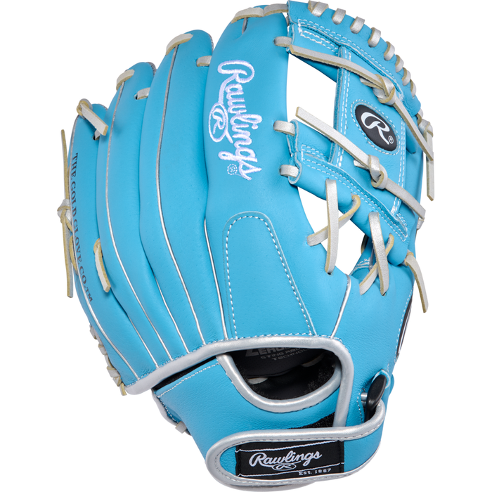 A vibrant blue Rawlings Sure Catch 11″ Brice Turang Youth Baseball Glove (SC110BT), featuring white laces and accents, is shown from the front with the Rawlings branding clearly visible on the thumb and wrist strap—ideal for young infielders.