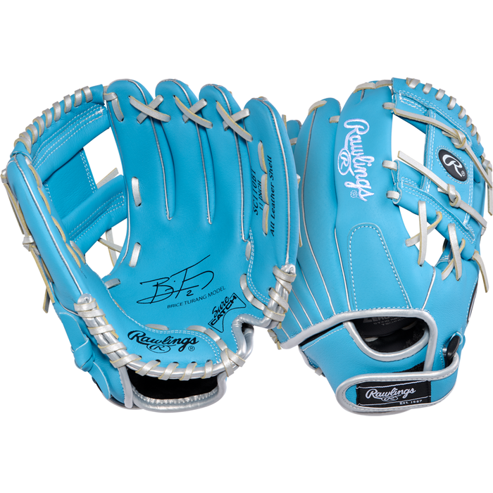 Two vibrant blue Rawlings Sure Catch 11″ Brice Turang Youth Baseball Gloves (SC110BT) with white laces and stitching are featured—one open to show the glove’s interior and the other displaying the back with the iconic Rawlings logo—making them ideal youth infield gloves.