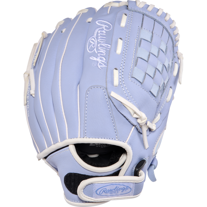 The Rawlings Sure Catch 11" Fastpitch Glove (SCSB110PE) is a light blue youth softball glove with white stitching and accents, basket web pattern, visible Rawlings logos, and sized at 11 inches for young players.