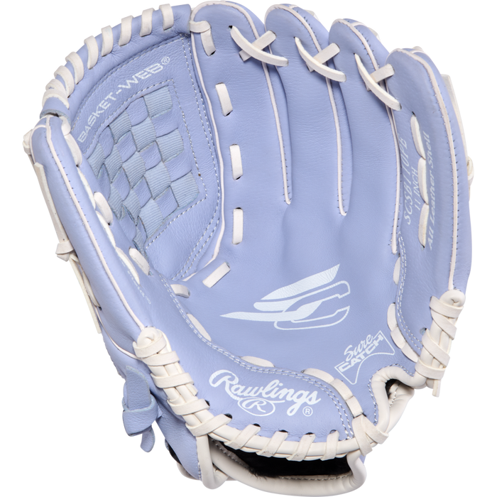 The Rawlings Sure Catch 11" Fastpitch Glove (SCSB110PE) is a light blue youth softball glove with white lacing and branding, featuring a basket web and partially open pocket, shown on a plain white background.