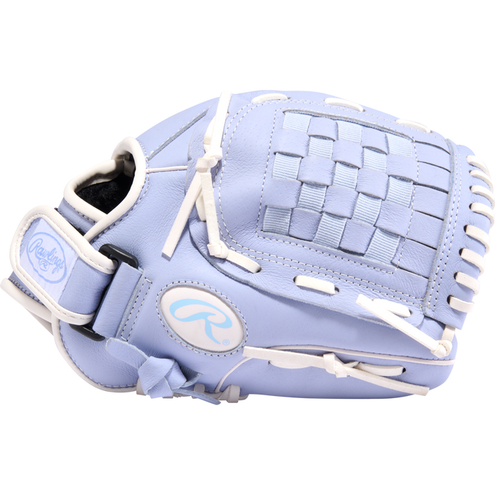 The Rawlings Sure Catch 11" Fastpitch Glove (SCSB110PE) is a light blue youth softball glove with white laces and a woven pocket, displayed on a plain white background.