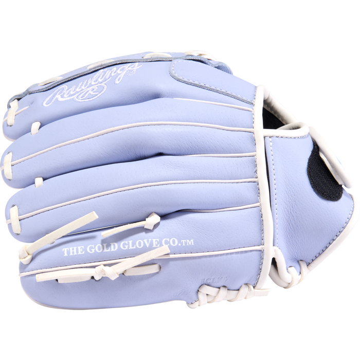A Rawlings Sure Catch 11" Fastpitch Glove (SCSB110PE) in light blue with white laces and THE GOLD GLOVE CO.™ printed on the side is displayed against a plain white background.