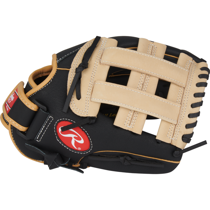A black and tan Rawlings Sure Catch 11″ Fernando Tatis Jr. Youth Baseball Glove (model SC110FTJ), featuring an H-web design, tan lacing, and the Rawlings logo, is displayed on a white background.