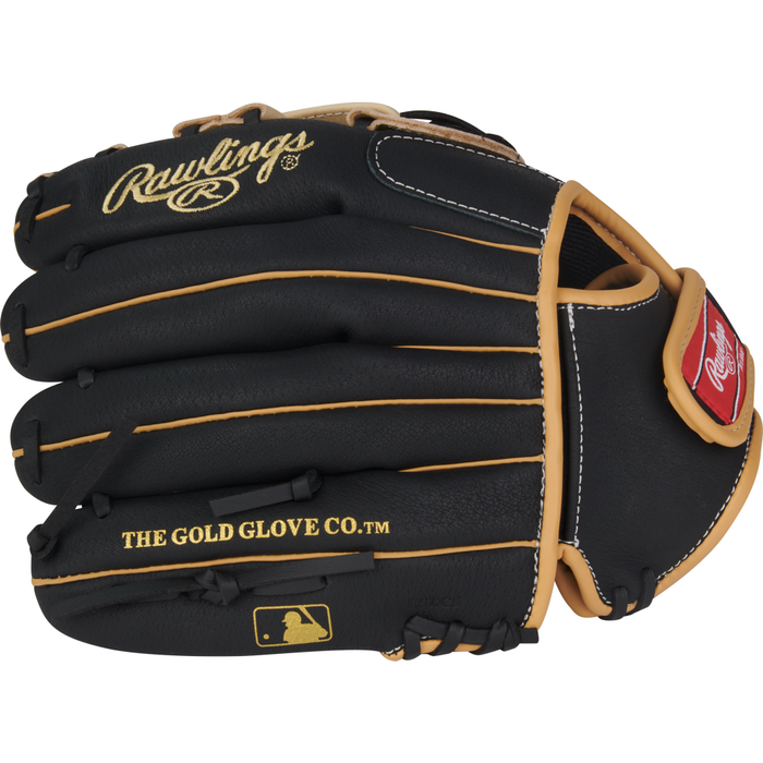 A black and tan Rawlings Sure Catch 11″ Fernando Tatis Jr. Youth Baseball Glove (SC110FTJ) with THE GOLD GLOVE CO. and MLB logo stitched in gold on the side, inspired by Fernando Tatis Jr.