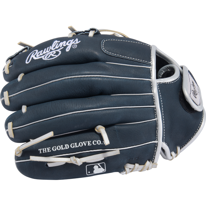 The Rawlings Sure Catch 11.5″ Anthony Volpe Youth Baseball Glove (SC115AV) is a dark blue glove with white laces and stitching, featuring THE GOLD GLOVE CO. and the MLB logo printed on the side—just like the infield glove used by Anthony Volpe.