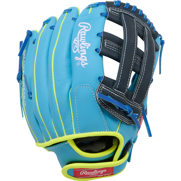 The Rawlings Sure Catch 11.5″ Bryce Harper Youth Baseball Glove (SC115BHCB) features a blue and yellow design with black and blue webbing, accented by white stitching. Rawlings logos are displayed on both the thumb and wrist area. Inspired by the Bryce Harper glove series, this youth infield glove delivers professional style and performance for young players on the field.