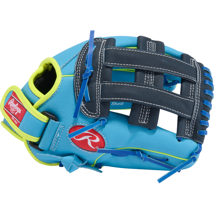 A Rawlings Sure Catch 11.5″ Bryce Harper Youth Baseball Glove (model SC115BHCB), featuring a vibrant blue and yellow design with dark navy laces and white stitching, is displayed from the side against a white background.