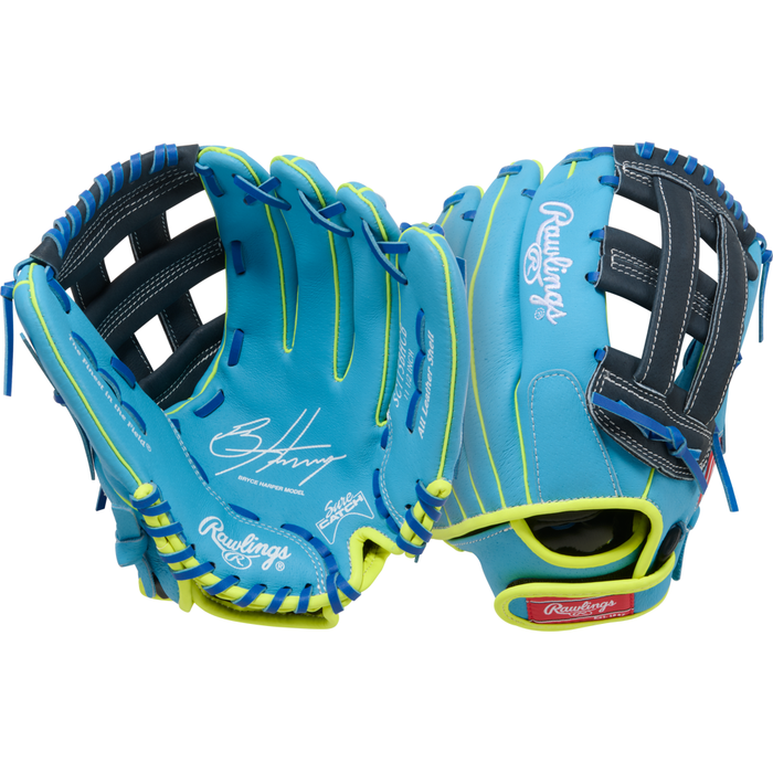 Two Rawlings Sure Catch 11.5″ Bryce Harper Youth Baseball Gloves (model SC115BHCB) in blue with yellow accents, black webbing, and signature markings are displayed to show both the palm and backhand sides—one highlighting its 11.5-inch size, ideal for youth infielders inspired by Bryce Harper’s glove design.