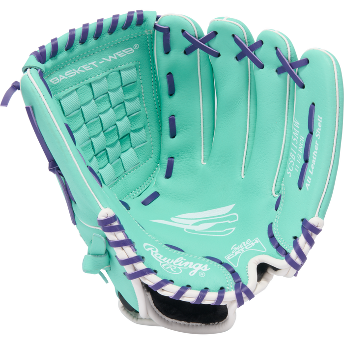 The Rawlings Sure Catch 11.5" Fastpitch Glove (SCSB115MW) is a teal youth glove with purple lacing, white accents, and BASKET-WEB branding on the palm. It features a basket web design and an all-leather shell for durability.