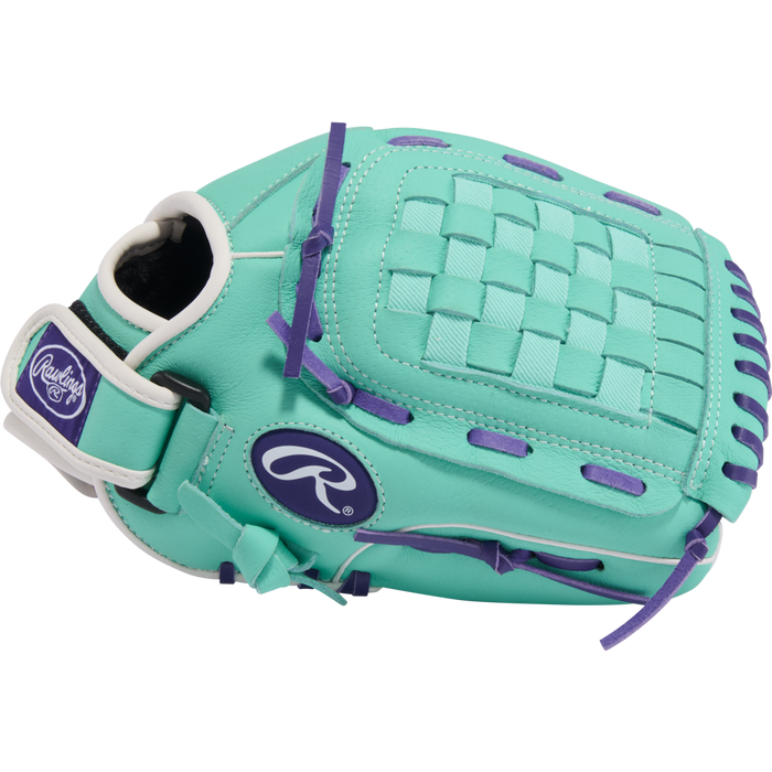 The Rawlings Sure Catch 11.5" Fastpitch Glove (SCSB115MW) features a teal and purple design with white accents, woven web, and Rawlings logo—offering young players stylish performance for softball.