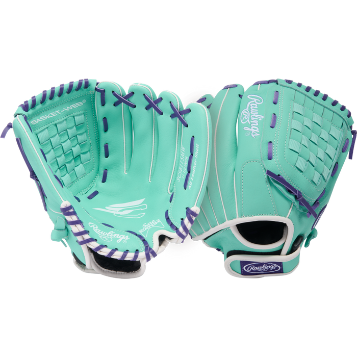 The Rawlings Sure Catch 11.5" Fastpitch Glove (SCSB115MW) features a teal color with purple lacing and accents, making it perfect for youth softball. Shown on a white background.
