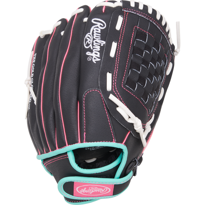 A Rawlings Sure Catch 12" Fastpitch Glove (SCSB12BMP) in black with pink and teal accents, white lacing, and a woven basket web is shown upright against a plain white background.