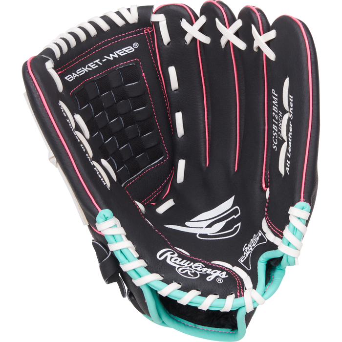 The Rawlings Sure Catch 12" Fastpitch Glove (SCSB12BMP) is a black youth glove with white and teal laces, pink stitching, a woven basket web, and prominent Rawlings logos on the palm and thumb.